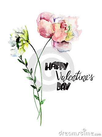 Stylized Gerber and Peony flowers with title Happy Valentineâ€™s day Cartoon Illustration